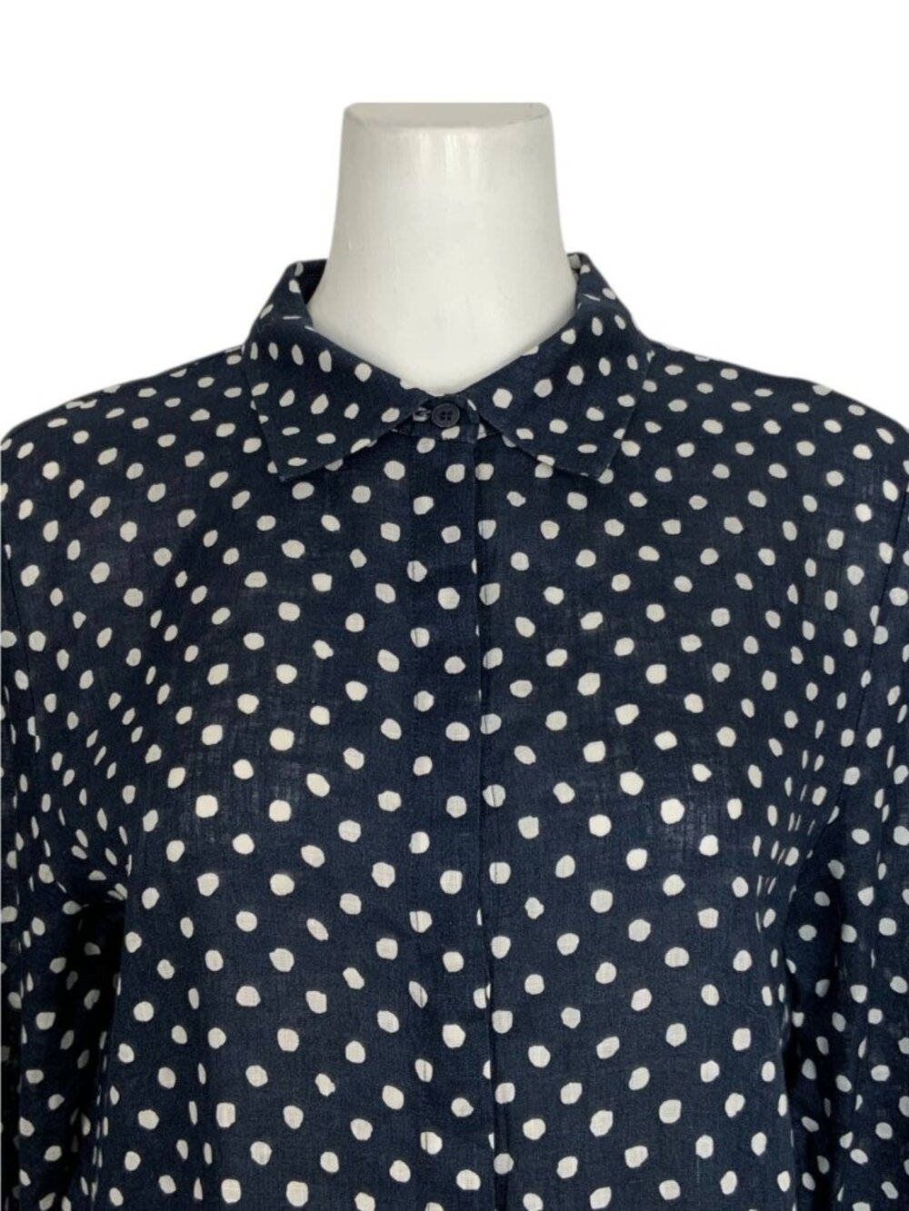 Lafayette 148 NY Linen Button Front Shirt L Blue Polka Dot Natural Fiber - Picture 10 of 15